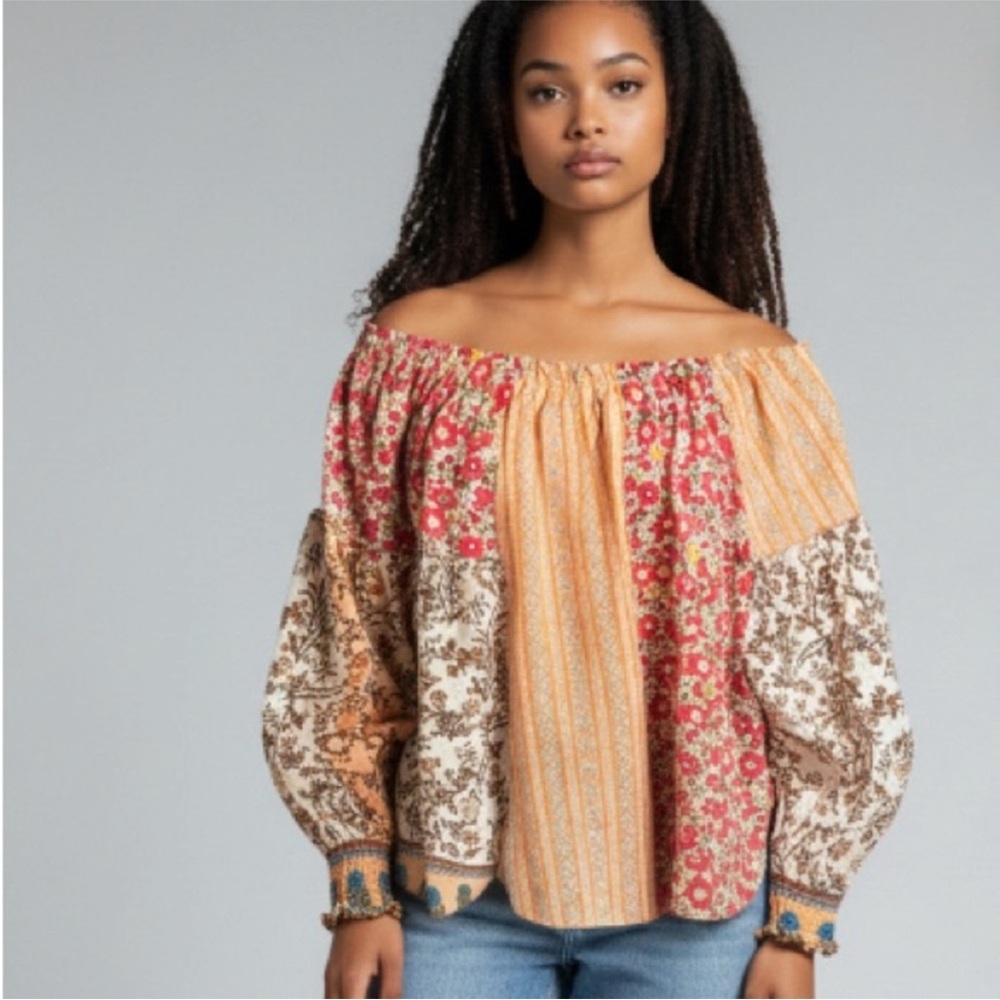 Easel Los Angeles Patchwork Off-Shoulder Blouse